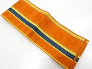 縞に花模様織り出し　半幅帯